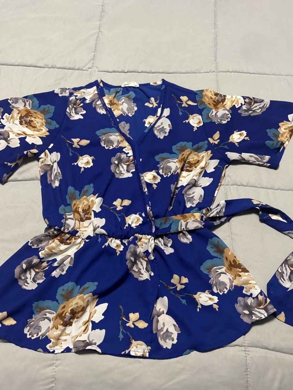 Lush Royal Blue Floral Top with Cream and Tan Blooms